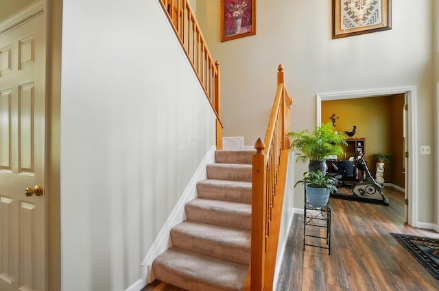 583 Marhurst Ct, Galloway, OH 43119 - staircase with wood finished floors, a towering ceiling, and baseboards