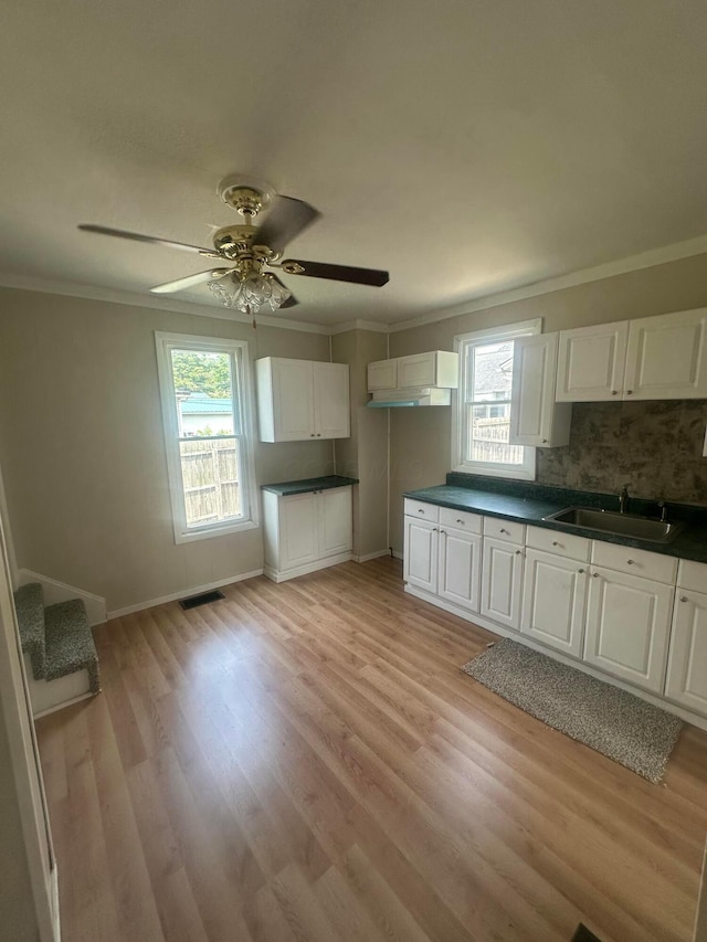 600 N Maple St, Lancaster, OH 43130 - kitchen featuring a sink, ornamental molding, dark countertops, white cabinets, and light wood-style floors