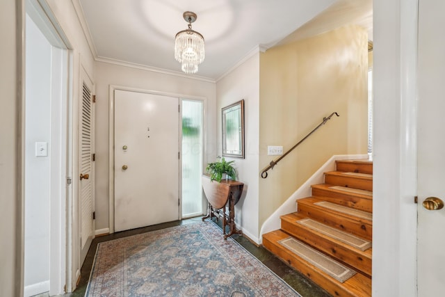 2171 Northam Rd, Columbus, OH 43221 - entryway with a chandelier, baseboards, stairway, and ornamental molding