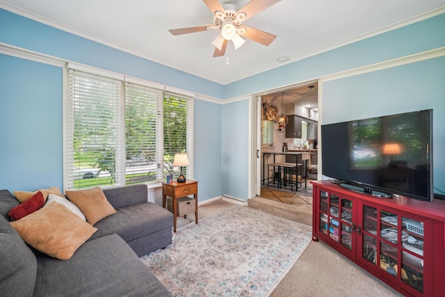 2171 Northam Rd, Columbus, OH 43221 - carpeted living area featuring ceiling fan, ornamental molding, and baseboards