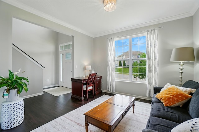 560 Green Forest Pl, Lithopolis, OH 43136 - living area with wood finished floors, ornamental molding, and stairs