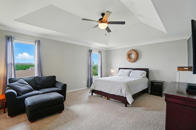 560 Green Forest Pl, Lithopolis, OH 43136 - bedroom featuring a raised ceiling, light carpet, ornamental molding, and a ceiling fan