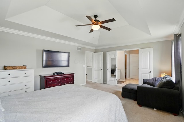 560 Green Forest Pl, Lithopolis, OH 43136 - bedroom featuring a raised ceiling, light carpet, ornamental molding, and a ceiling fan