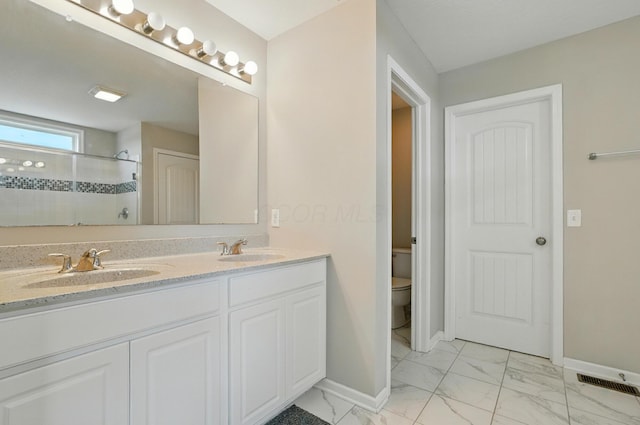 560 Green Forest Pl, Lithopolis, OH 43136 - full bathroom featuring double vanity, marble look tile flooring, and a tile shower