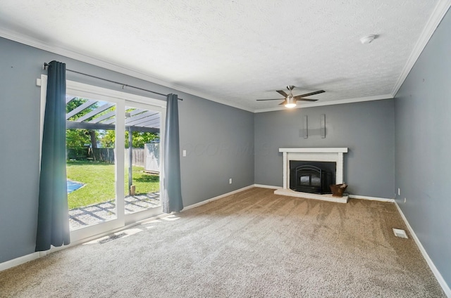 2605 Bella Via Ave, Columbus, OH 43231 - unfurnished living room with carpet, crown molding, ceiling fan, baseboards, and a fireplace with raised hearth