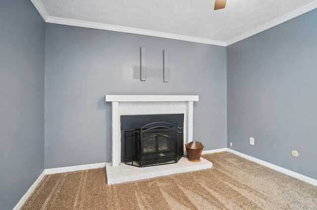 2605 Bella Via Ave, Columbus, OH 43231 - detailed view of carpet, a fireplace, a textured ceiling, baseboards, and ceiling fan