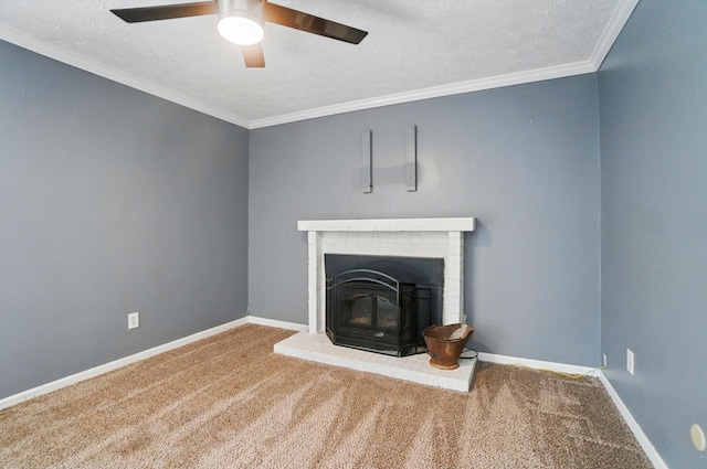 2605 Bella Via Ave, Columbus, OH 43231 - unfurnished living room featuring a textured ceiling, carpet floors, a fireplace, ceiling fan, and baseboards