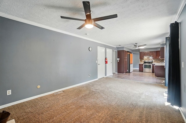 2605 Bella Via Ave, Columbus, OH 43231 - unfurnished living room with a ceiling fan, light colored carpet, a textured ceiling, baseboards, and crown molding