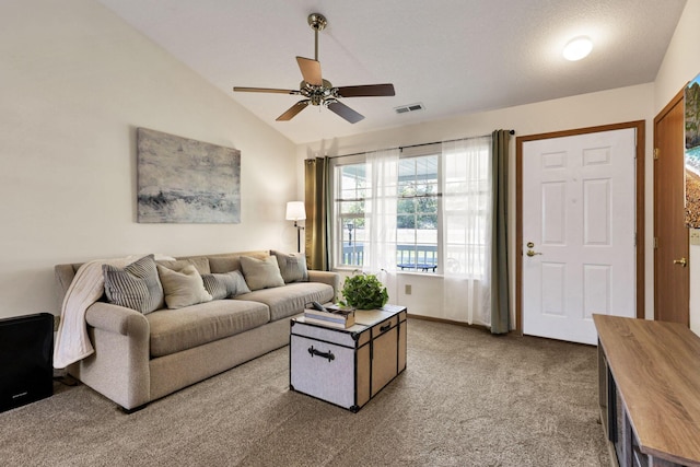 1318 Hillview Cir E, Newark, OH 43055 - living area with carpet, a ceiling fan, and vaulted ceiling