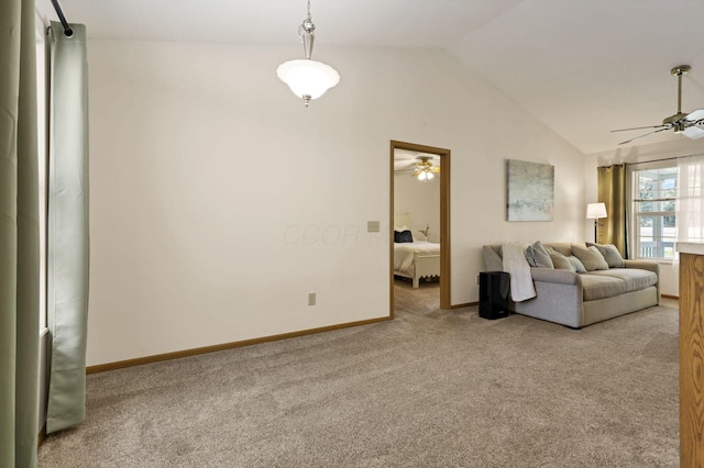 1318 Hillview Cir E, Newark, OH 43055 - carpeted living room featuring ceiling fan, lofted ceiling, and baseboards