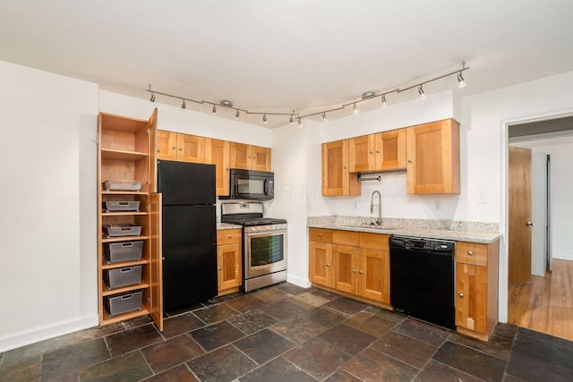1775 NW Ct Unit 114 J, Columbus, OH 43212 - kitchen with black appliances, a sink, open shelves, light stone countertops, and baseboards