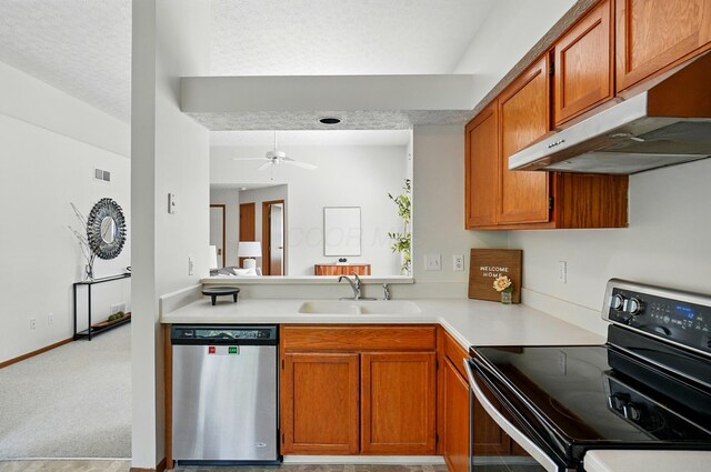 4557 Hidden Ridge Ct, Columbus, OH 43230 - kitchen featuring electric stove, dishwasher, a sink, under cabinet range hood, and light countertops