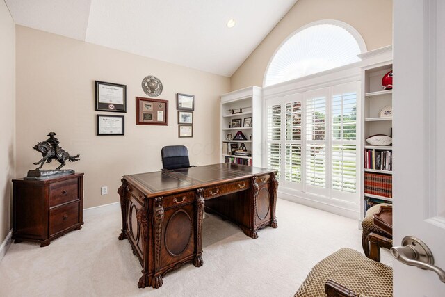 7908 Coldwater Dr, Powell, OH 43065 - home office with light carpet and lofted ceiling