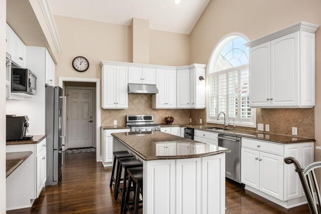7908 Coldwater Dr, Powell, OH 43065 - kitchen with appliances with stainless steel finishes, under cabinet range hood, dark stone counters, white cabinets, and high vaulted ceiling