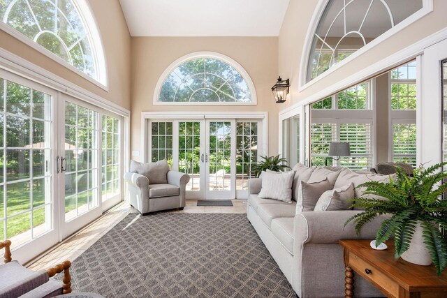 7908 Coldwater Dr, Powell, OH 43065 - sunroom / solarium featuring french doors, a towering ceiling, and healthy amount of natural light