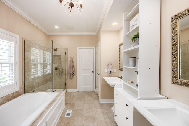 7908 Coldwater Dr, Powell, OH 43065 - bathroom featuring a stall shower, a bath, double vanity, ornamental molding, and a chandelier