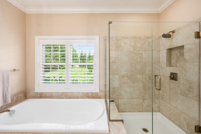 7908 Coldwater Dr, Powell, OH 43065 - full bathroom featuring ornamental molding, a bath, and a stall shower