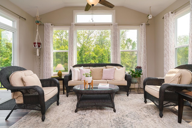 829 Pathlow Dr, Pickerington, OH 43147 - living area with lofted ceiling, a ceiling fan, and light wood-style floors