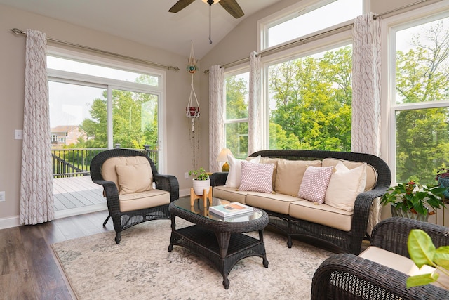 829 Pathlow Dr, Pickerington, OH 43147 - sunroom featuring ceiling fan, an outdoor hangout area, and lofted ceiling