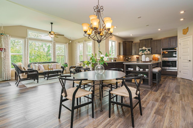 829 Pathlow Dr, Pickerington, OH 43147 - dining area featuring dark wood finished floors, a ceiling fan, lofted ceiling, recessed lighting, and a chandelier