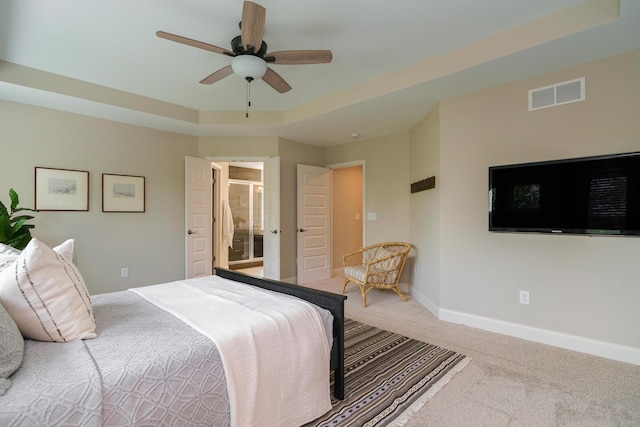 829 Pathlow Dr, Pickerington, OH 43147 - bedroom with carpet, a raised ceiling, a ceiling fan, and ensuite bathroom