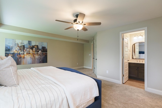 829 Pathlow Dr, Pickerington, OH 43147 - bedroom with light carpet, ensuite bathroom, and ceiling fan