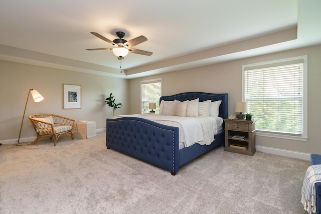 829 Pathlow Dr, Pickerington, OH 43147 - bedroom with carpet, a tray ceiling, and a ceiling fan