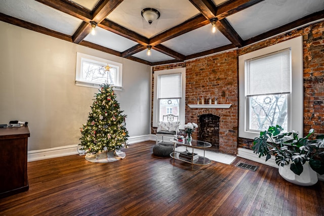 382 Carpenter St, Columbus, OH 43205 - sitting room with hardwood / wood-style flooring, coffered ceiling, a brick fireplace, beamed ceiling, and baseboards