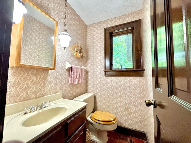 5401 Plantation Rd, Sunbury, OH 43074 - half bathroom with wallpapered walls, toilet, vanity, a textured ceiling, and lofted ceiling