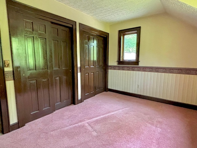 5401 Plantation Rd, Sunbury, OH 43074 - unfurnished bedroom featuring a textured ceiling, two closets, carpet flooring, a wainscoted wall, and lofted ceiling
