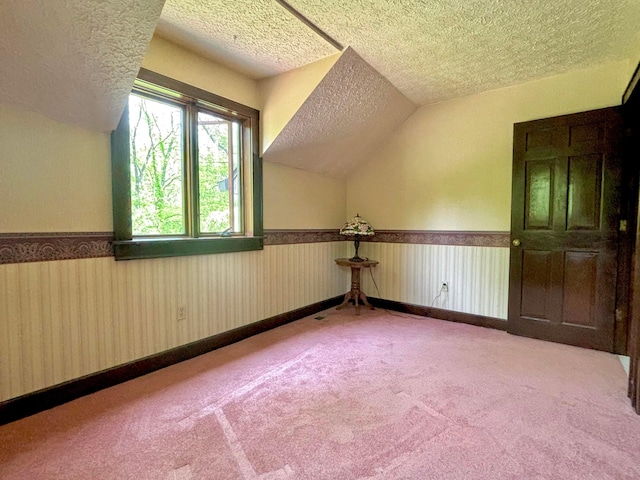 5401 Plantation Rd, Sunbury, OH 43074 - additional living space with a textured ceiling, wainscoting, carpet, and lofted ceiling