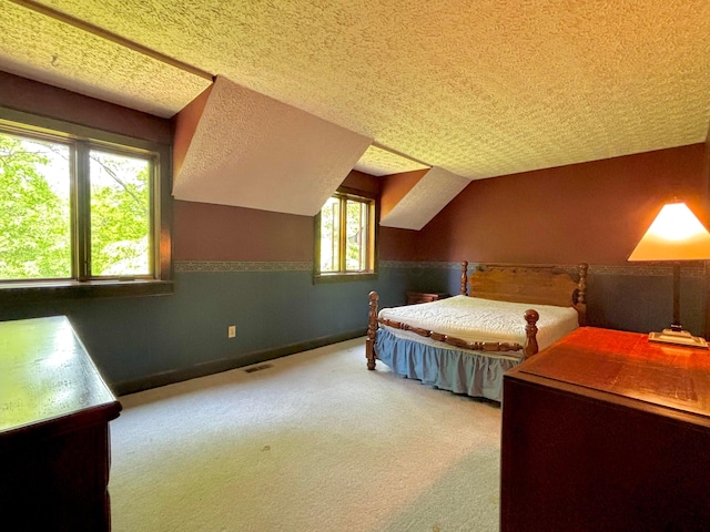 5401 Plantation Rd, Sunbury, OH 43074 - carpeted bedroom featuring a textured ceiling and lofted ceiling