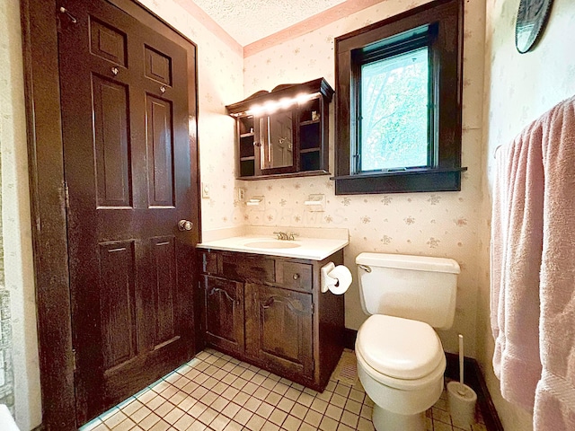 5401 Plantation Rd, Sunbury, OH 43074 - bathroom featuring wallpapered walls, vanity, toilet, tile patterned flooring, and a textured ceiling