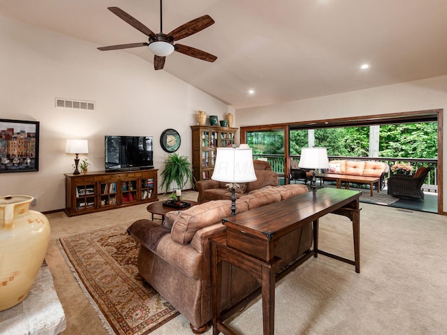 5769 Royal Lytham Ct, Dublin, OH 43017 - living room with vaulted ceiling, a ceiling fan, and recessed lighting