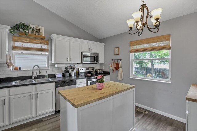 840 Gulliver Dr, Columbus, OH 43207 - kitchen featuring stainless steel appliances, butcher block countertops, a sink, backsplash, and vaulted ceiling