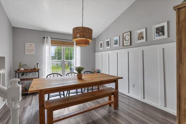 840 Gulliver Dr, Columbus, OH 43207 - dining area featuring a chandelier, wood finished floors, vaulted ceiling, a decorative wall, and a wainscoted wall