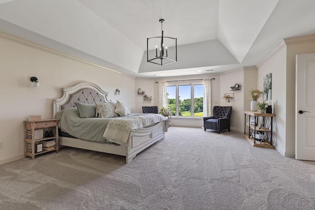 2570 Jewett Rd, Powell, OH 43065 - bedroom with carpet floors, a chandelier, vaulted ceiling, and crown molding