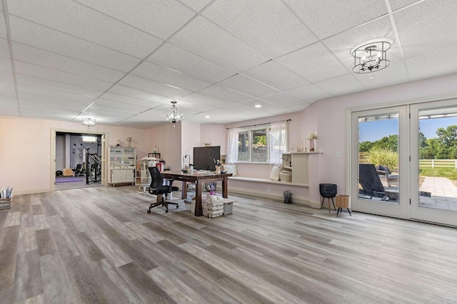 2570 Jewett Rd, Powell, OH 43065 - office area featuring wood finished floors, a paneled ceiling, a chandelier, and recessed lighting