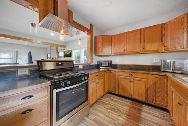926 Harmon Ave, Columbus, OH 43223 - kitchen with stainless steel appliances, light wood-style floors, dark countertops, brown cabinets, and recessed lighting