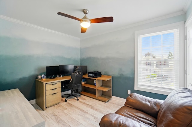 2201 Teardrop Ave Unit 34A, Columbus, OH 43235 - home office featuring crown molding, light wood-type flooring, a ceiling fan, and baseboards