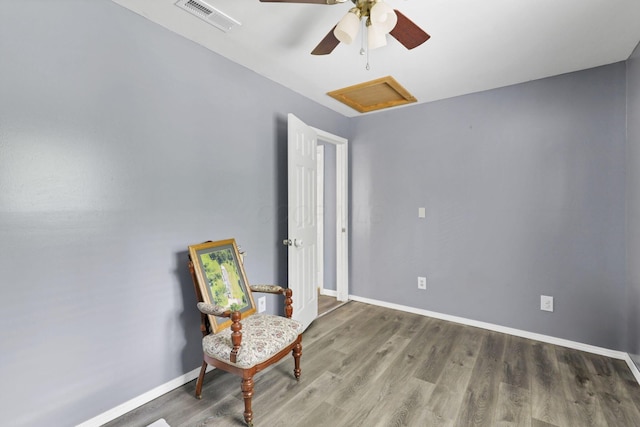 8175 Vore Ridge Rd, Athens, OH 45701 - living area featuring a ceiling fan, wood finished floors, baseboards, and attic access