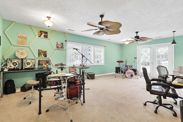 8175 Vore Ridge Rd, Athens, OH 45701 - office featuring a textured ceiling, carpet floors, a ceiling fan, baseboards, and french doors