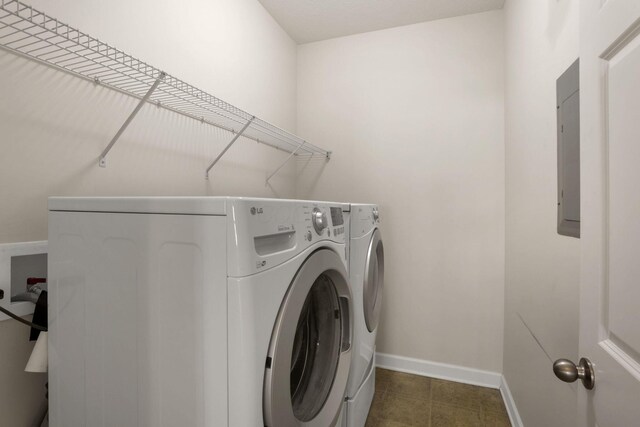6370 Portrait Cir Unit 103, Westerville, OH 43081 - washroom featuring washing machine and clothes dryer, baseboards, and dark tile patterned floors
