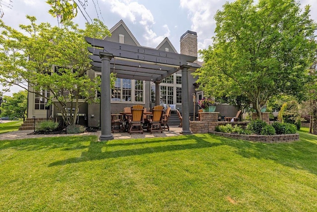 5753 Aster Way, Galena, OH 43021 - back of house featuring a pergola, a lawn, a patio area, a chimney, and stucco siding