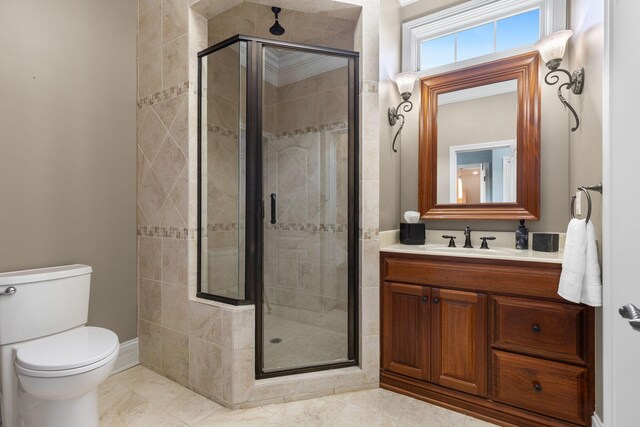 5753 Aster Way, Galena, OH 43021 - bathroom featuring vanity, toilet, a stall shower, and tile patterned flooring