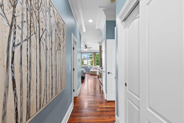 5753 Aster Way, Galena, OH 43021 - corridor featuring ornamental molding, wood finished floors, recessed lighting, and baseboards