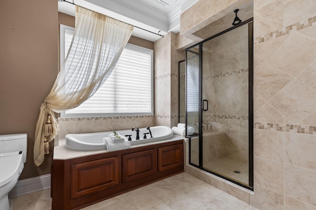 5753 Aster Way, Galena, OH 43021 - bathroom with toilet, ornamental molding, a bath, and a shower stall