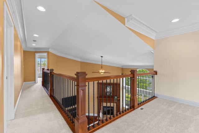 5753 Aster Way, Galena, OH 43021 - corridor with carpet, baseboards, crown molding, recessed lighting, and an upstairs landing