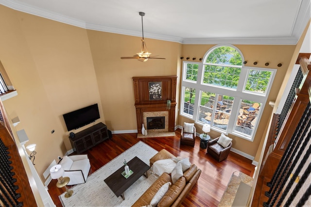 5753 Aster Way, Galena, OH 43021 - living area featuring a premium fireplace, wood finished floors, crown molding, ceiling fan, and baseboards