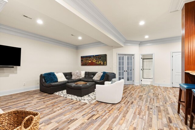 5753 Aster Way, Galena, OH 43021 - living room with french doors, light wood-style floors, baseboards, crown molding, and recessed lighting